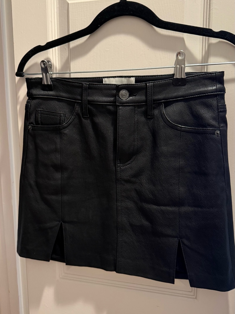 Current/Elliott Black Leather Mini Skirt with Front Slits and red accent pocket